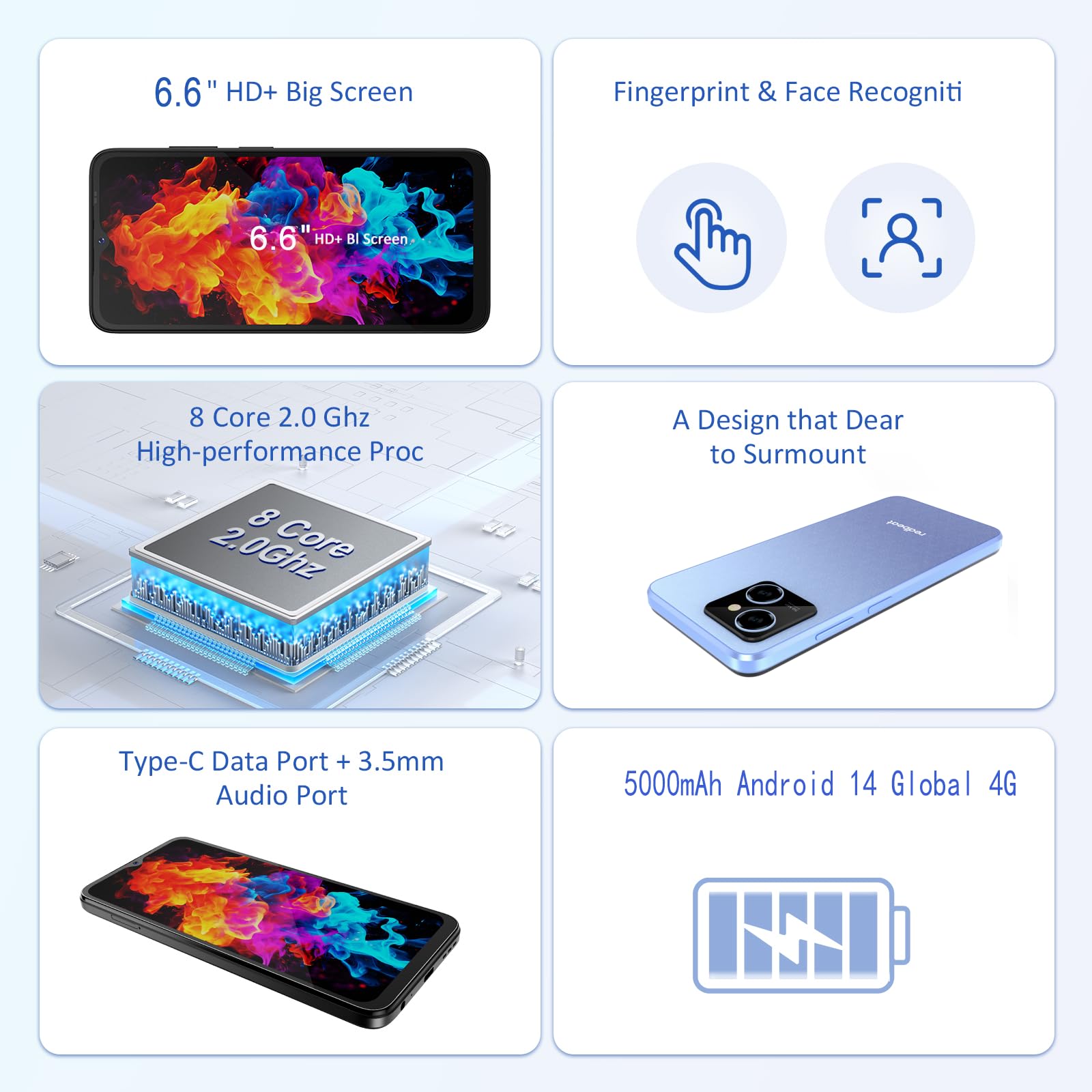 Unlocked Smartphones Gaming Phone, Android 14 Cell Phone Octa-Core